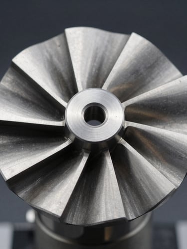 Macro detail shot of a CNC-milled titanium turbine component under cool laboratory lighting, sharp metallic highlights, deep gray shadows, high detail