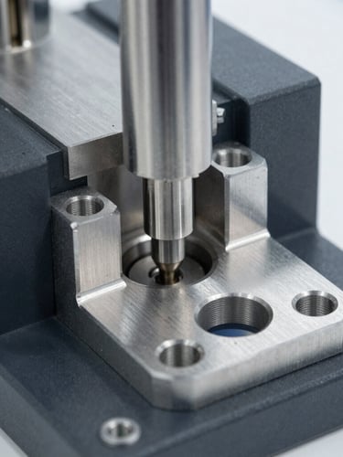 Close-up of a machined metal aerospace bracket undergoing structural stress testing, hydraulic pressure rig, sharp focus on metallic textures, crisp studio lighting