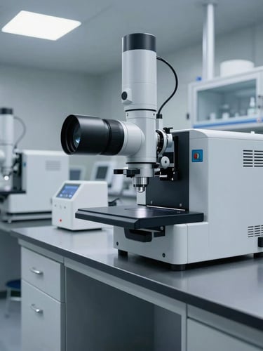 Wide panoramic cleanroom laboratory with diagnostic testing equipment, cool crisp studio lighting, metallic silver surfaces, high detail.