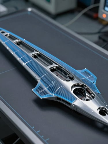 CAD wireframe model of an aerodynamic wing core system on a high-resolution display in a dimly lit engineering lab, cool blue lines, technical blueprint aesthetic