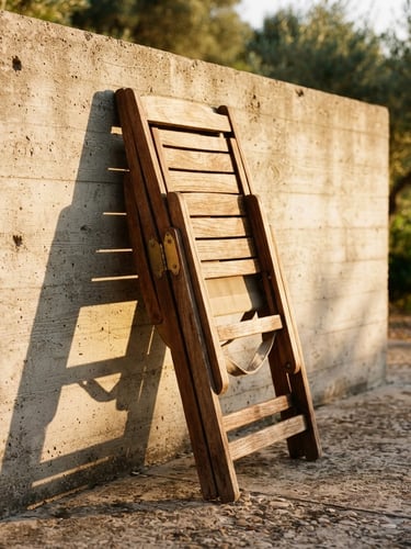 Warm golden-hour shot of a folded wooden lounge chair resting against a concrete architectural wall, long sharp shadows, rich teak texture
