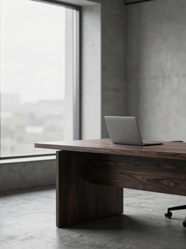 editorial corporate photography, soft natural window light, minimalist office interior with concrete and dark wood, shallow depth of field, 35mm