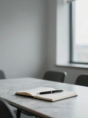 Minimalist office interior with soft natural window light, a clean marble meeting table with a fountain pen and notebook, shallow depth of field, 35mm