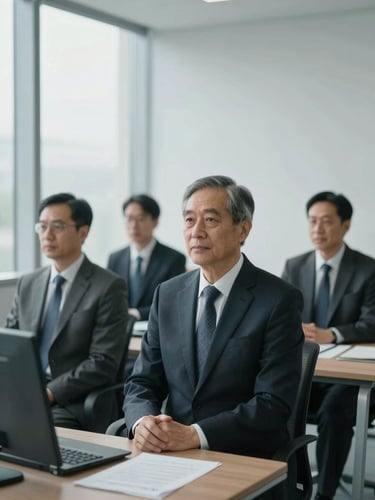 editorial portrait of senior corporate lawyers in a modern minimalist office, soft natural window light, muted cool tones, professional posture, shallow depth of field
