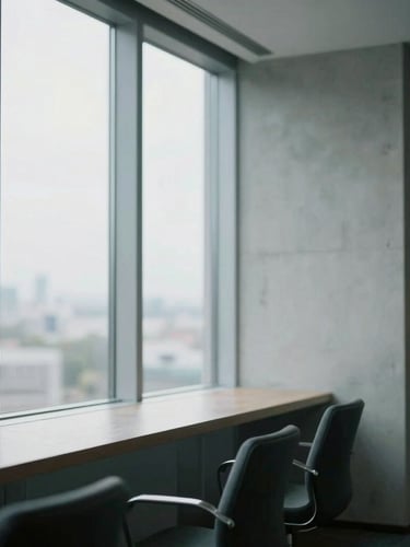 editorial corporate photography, soft natural window light, minimalist office interior with concrete and glass, shallow depth of field, 35mm