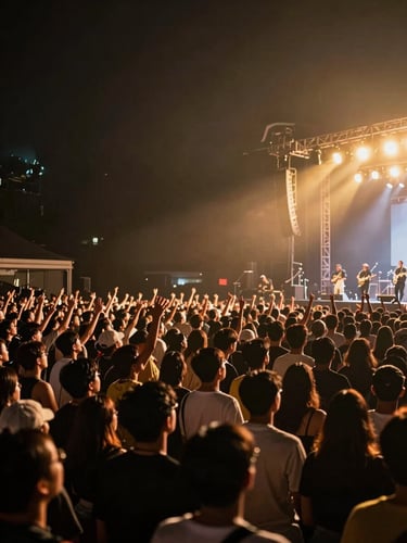 Wide cinematic shot of a packed concert crowd at a Malaysian indoor venue, stage bathed in golden and amber spotlights, energy radiating from the crowd in the foreground, right third of frame, dark atmospheric negative space to the left