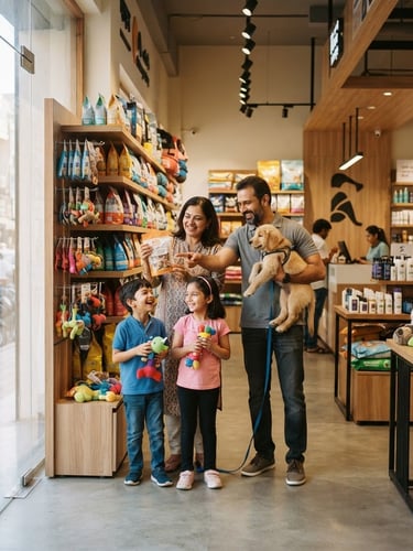 Bright, modern pet shop interior with a friendly Indian family browsing products, natural window light, wide shot, 35mm