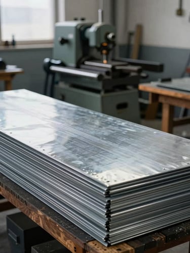 Industrial workshop photography, soft overcast daylight, cool metallic tones, 35mm. Wide shot of a traditional tinsmith workshop in Coelemu, sheets of galvanized steel stacked neatly, vintage metal bending machine in the background.