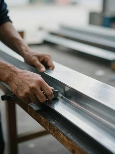 Close-up of hands shaping sheet metal in a workshop, soft overcast daylight, cool metallic tones, 35mm
