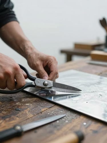 Industrial workshop photography, soft overcast daylight, cool metallic tones with warm wood accents, 35mm. Close-up of a tinsmith's hands shaping a galvanized steel sheet with traditional manual shears on a rustic wooden workbench.