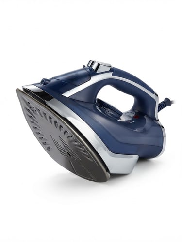 Bright high-key product photography of a premium navy blue electric iron with a thick non-stick soleplate, clean studio lighting, sharp focus, metallic reflections, crisp white background