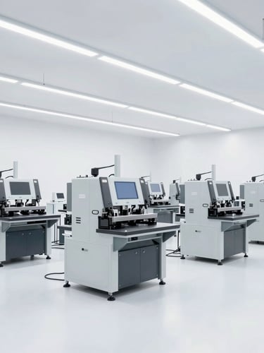 Bright high-key wide-angle photograph of a modern clean appliance assembly line in a Delhi factory, showing precision machinery and quality testing stations under bright industrial lights