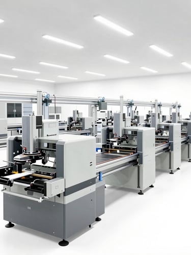 A clean modern factory floor with automated assembly lines for home appliances, bright industrial lighting, precision machinery, 50mm lens.