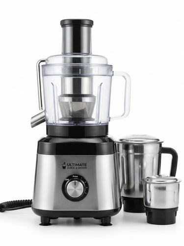 Bright high-key product photography of a premium juicer mixer grinder with stainless steel jars, sharp focus, metallic reflections, crisp white background, 50mm lens