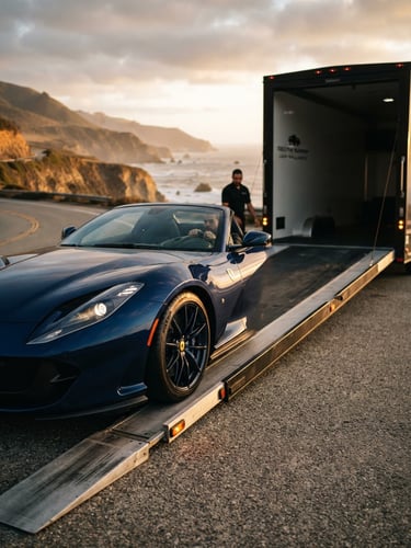 Low-angle dramatic shot of a pristine modern luxury sports car being carefully loaded onto an enclosed auto transport trailer, warm golden-hour coastal light, shallow depth of field, 35mm