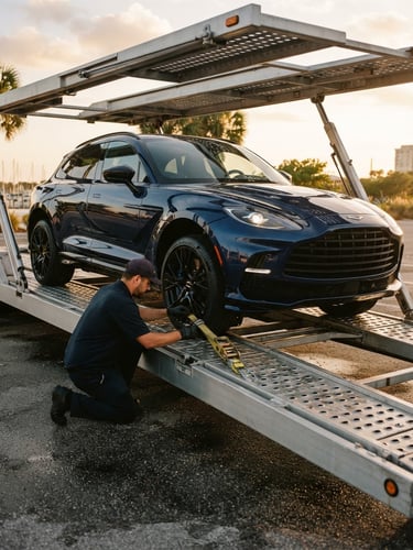 Low-angle editorial photography of a modern luxury SUV being secured onto a clean, multi-car open carrier, warm golden-hour Florida light, shallow depth of field, 35mm