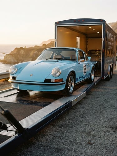 Low-angle dramatic shot of a pristine classic Porsche being carefully loaded onto a hydraulic liftgate of an enclosed navy trailer, warm golden-hour coastal light