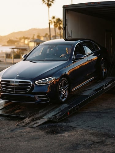 Low-angle dramatic shot of a pristine modern luxury sedan being loaded onto an enclosed transport trailer, warm golden-hour light reflecting off the flawless navy paint, 35mm photography