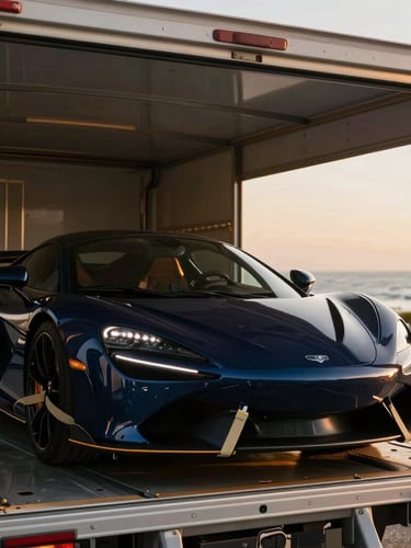 Editorial luxury automotive photography, close-up of a modern luxury supercar being secured inside an immaculate enclosed transport trailer with soft-tie wheel straps, warm golden-hour coastal light, shallow depth of field, 35mm