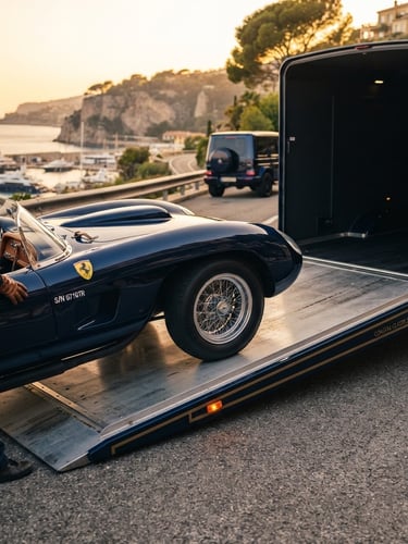 Editorial luxury automotive photography, low-angle shot of a pristine classic vintage sports car being carefully loaded onto an enclosed auto transport trailer, warm golden-hour coastal light, deep navy and gold tones, shallow depth of field, 35mm