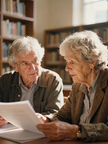 Candid environmental portrait of two dignified, older individuals (a man and a woman) in a well-lit, warm-toned library or study, engaged in quiet discussion, natural golden hour light, shallow depth of field, 35mm film look. They are looking at documents, not directly at the camera.