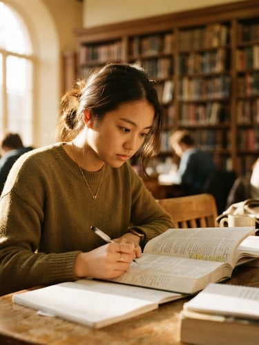 Candid environmental portrait of a young scholar studying in a sunlit library, shallow depth of field, warm golden-hour light, focused expression, rich organic tones.