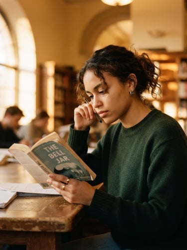 Candid portrait of a young student in a sunlit library, absorbed in a book, warm golden-hour light, shallow depth of field, rich organic tones, 35mm film look.