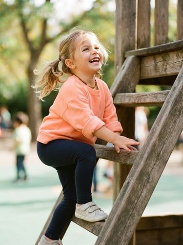 Bright natural daylight photography, a young girl laughing and climbing a wooden playground ladder, wearing a vibrant peach sweatshirt, soft mint background, warm editorial style