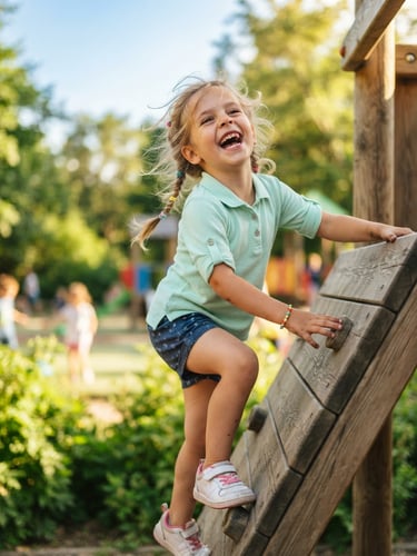 A joyful girl in a vibrant soft mint polo shirt laughing, climbing a wooden playground structure, bright natural daylight, warm sun-drenched outdoor setting, soft focus background.