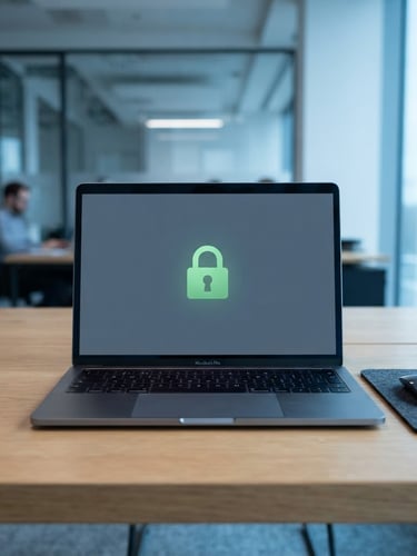 Minimalist corporate photography, a high-end laptop on a clean wooden desk showing a secure login screen with a green padlock icon, bright office daylight, cool blue tones, sharp focus, 35mm.