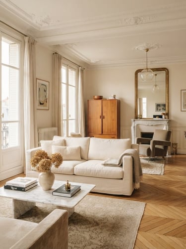 Intérieur élégant d'un appartement haussmannien baigné de lumière naturelle, parquet clair, moulures au plafond, style architectural français, ambiance calme et organisée, 35mm lens