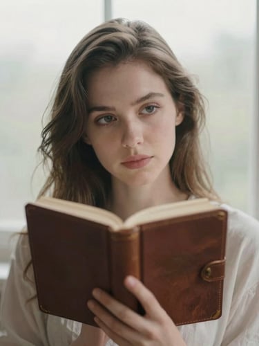 Portrait of a thoughtful woman with soft, kind eyes, holding an old leather-bound journal, sitting by a window with diffused light, muted pastel tones, shallow depth of field, 35mm, editorial style