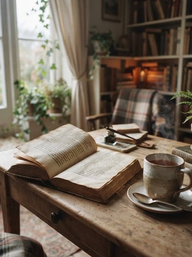 Cozy study interior with an open, ancient-looking book on a wooden desk, steam rising from a ceramic mug, soft overcast window light, muted pastel tones, shallow depth of field, 35mm, wide atmospheric shot