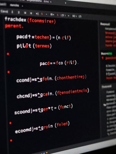 Macro shot of econometric code in R on a dark screen, sharp focus on matrix formulas, high-contrast red and black lighting, 35mm