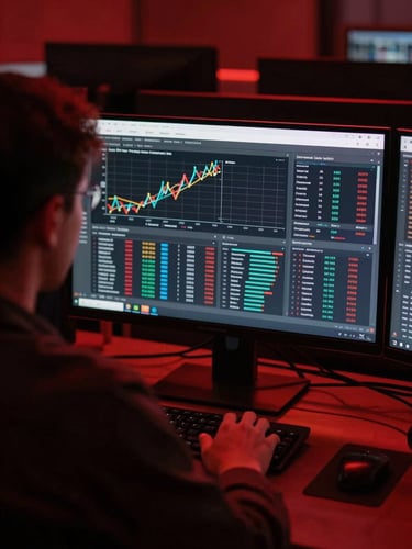 Over-the-shoulder shot of a researcher analyzing economic data visualizations on a monitor, dark academic setting, crimson ambient light, sharp focus, 35mm