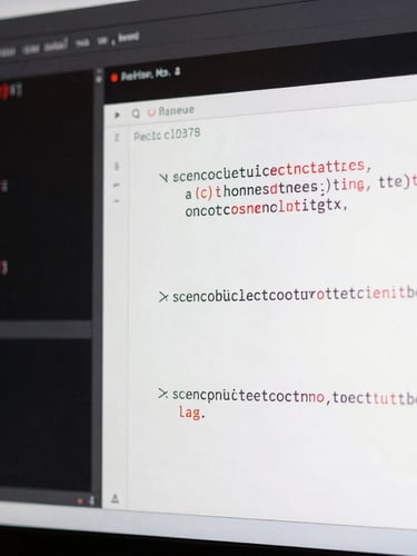 Close-up of clean econometric code in R on a screen, dark academic environment, high-contrast red highlights, sharp focus, 35mm