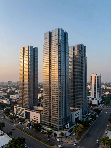 Sweeping twilight drone photography of Gurgaon's Southern Peripheral Road high-rise developments, structural glass facades reflecting golden hour light, expansive clean sky.