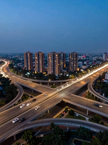 Sweeping twilight drone photography of Gurgaon Dwarka Expressway, showcasing modern multi-lane highway architecture and distant lit residential towers under a deep blue sky.