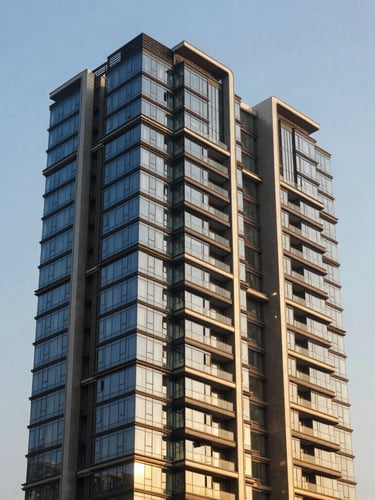 Architectural close-up of a modern luxury residential tower in Gurgaon, structural glass and brushed steel reflecting warm golden hour light, sharp angles against a clear sky.