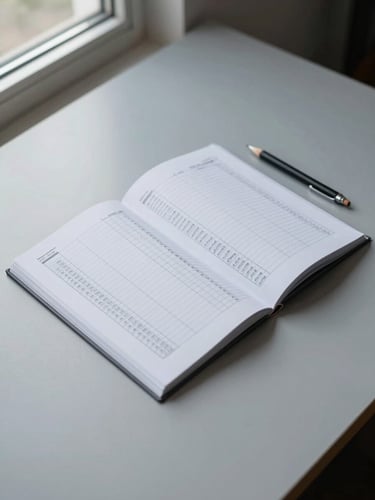 Wide shot of a minimal desk surface from above, a single open document with structured data columns and a mechanical pencil resting beside it, cool daylight from a window to the left, silver-grey tones throughout, no people