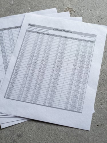 Close-up overhead of printed financial planning documents fanned on a concrete surface, precise ruled lines and figures visible, cool even studio light, no hands, monochromatic silver and grey palette