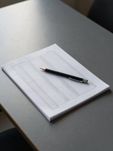 Wide shot of a minimal desk surface from above — a single open document with columns of figures, a mechanical pencil resting diagonally, cool diffused daylight from the left, no clutter, matte surface texture visible