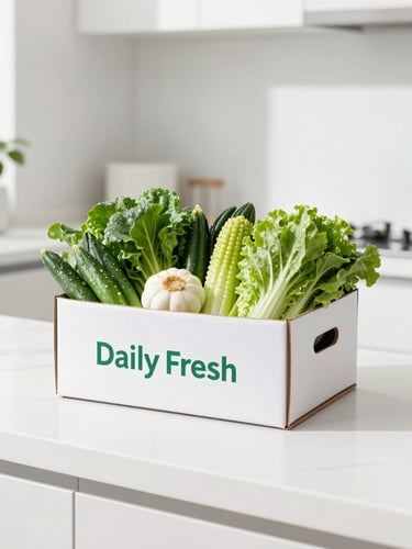 Bright high-key product photography of a modern minimalist kitchen counter with a Daily Fresh delivery box filled with vibrant, dew-kissed green vegetables, morning daylight