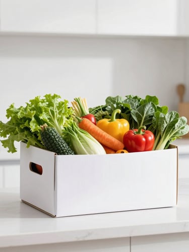 A clean minimalist delivery box filled with vibrant fresh vegetables on a modern kitchen counter, bright high-key studio lighting