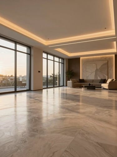 Wide architectural photograph of a premium modern living room with flawless porcelain flooring, integrated warm LED lighting strips, crisp geometric lines, golden hour light filtering through large windows.