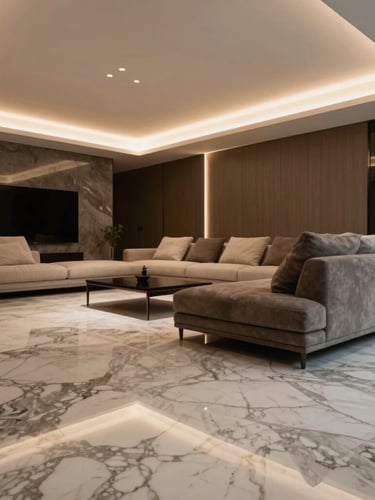 Tight architectural detail shot of a premium living room with flawless marble flooring, integrated warm LED lighting strips in the ceiling, and modern minimalist furniture.
