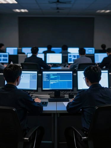 Cinematic low-key photography of a modern security control room, operators facing glowing blue screens, dramatic high-contrast night lighting, sharp focus, 35mm