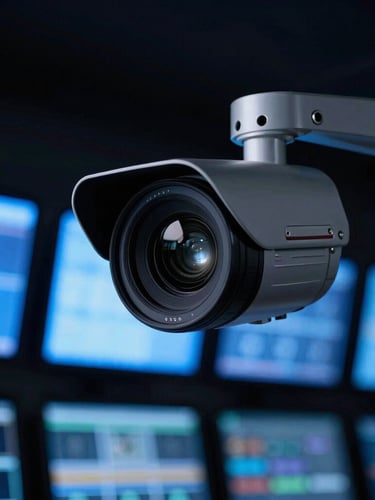 Cinematic low-key photography of a high-end CCTV camera lens with sharp focus, cool blue screen glow from control room monitors in the background, 35mm.