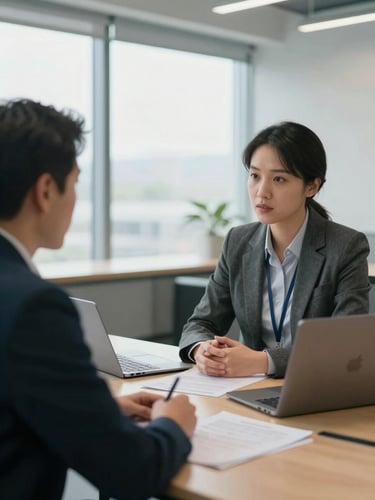 Medium shot of a hiring manager and a candidate in a professional consultation across a meeting table, documents and a laptop open, bright fluorescent and window light in a modern office interior, both engaged in discussion