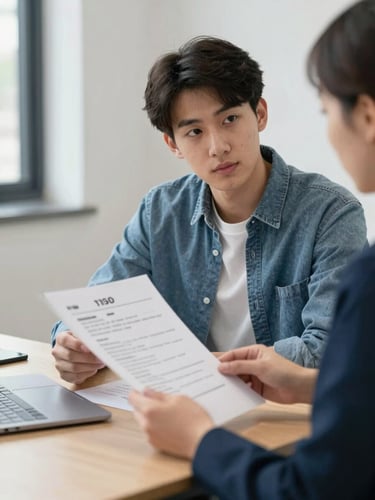 Medium shot of a young fresher candidate sitting across from a consultant at a desk, reviewing a printed resume together, bright indoor office lighting, focused expressions, papers and a laptop visible on the table